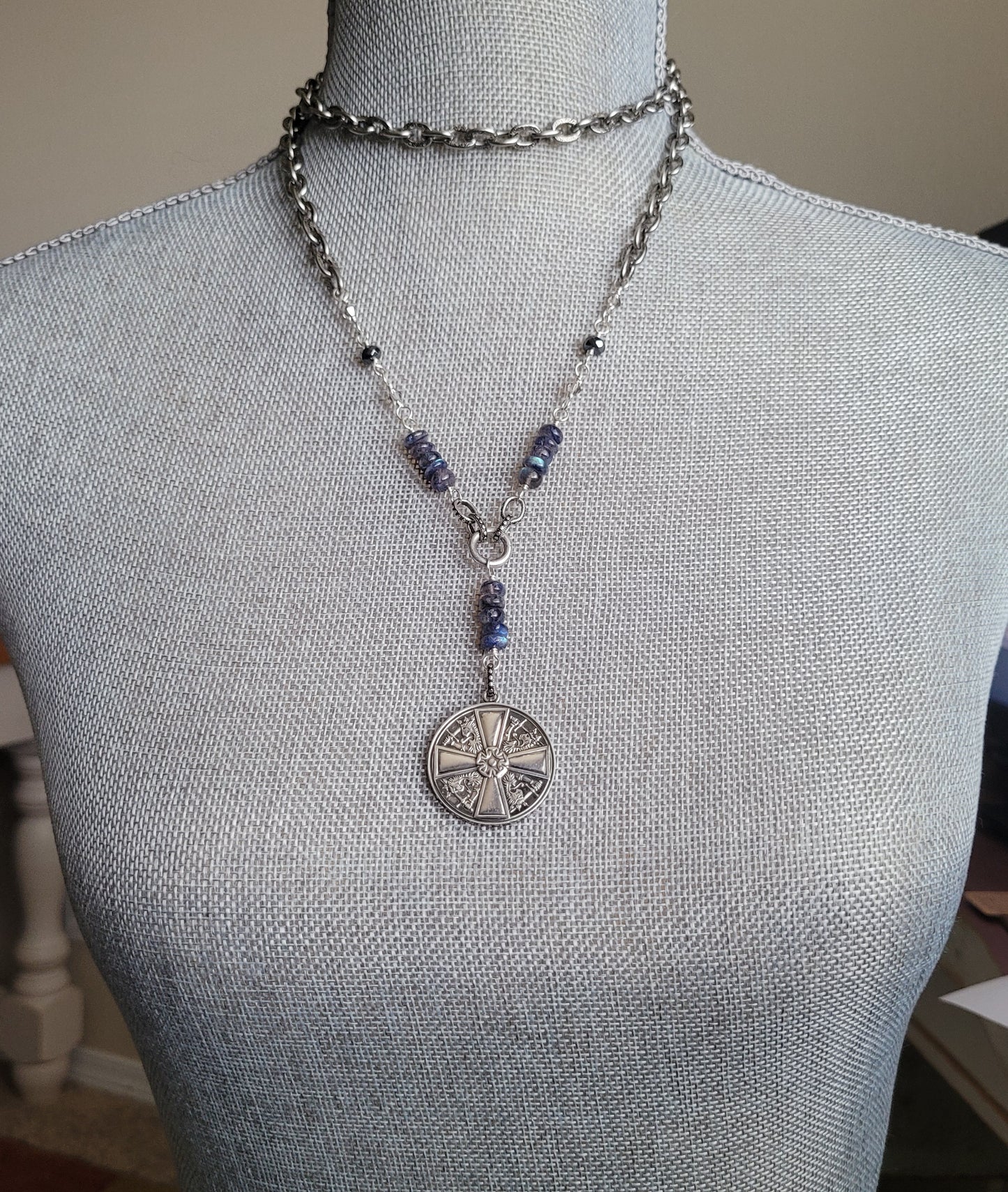 Order of the White Rose necklace, boho chic WWII Finnish War medal, lions with crown, blue Spectrolite beads, etched silver chain, long necklace