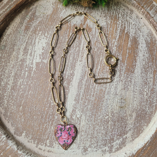 Vintage ceramic brass heart necklace