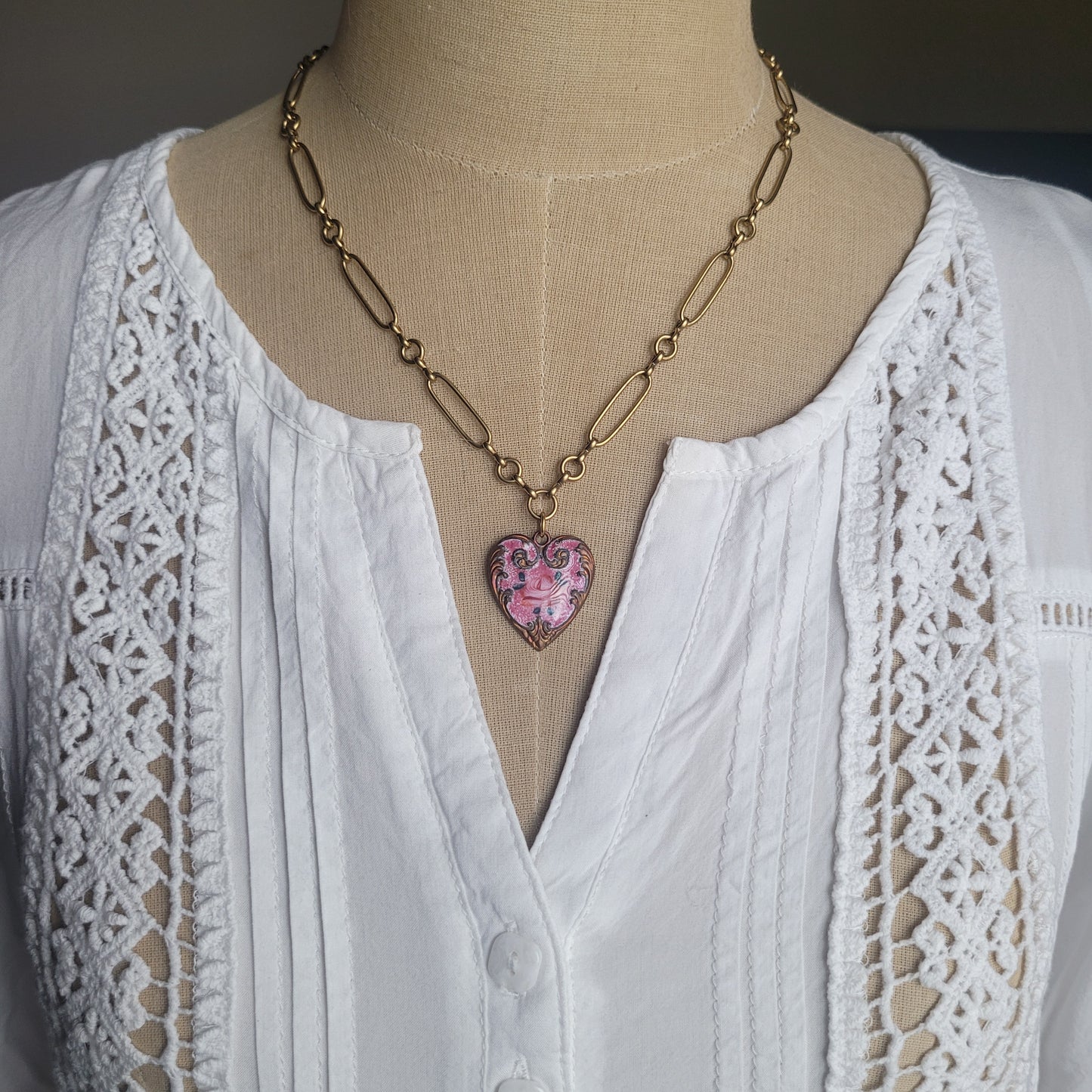 Vintage ceramic brass heart necklace