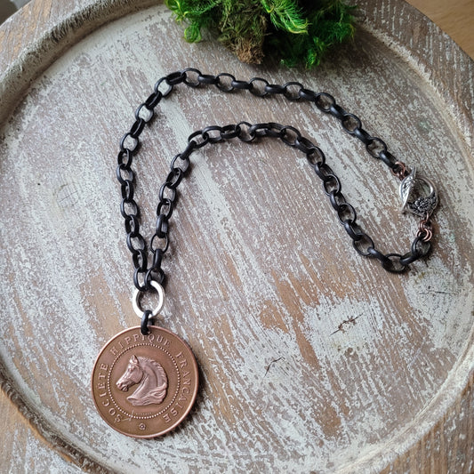 Rustic Equestrian Vintage 1885 French medallion necklace