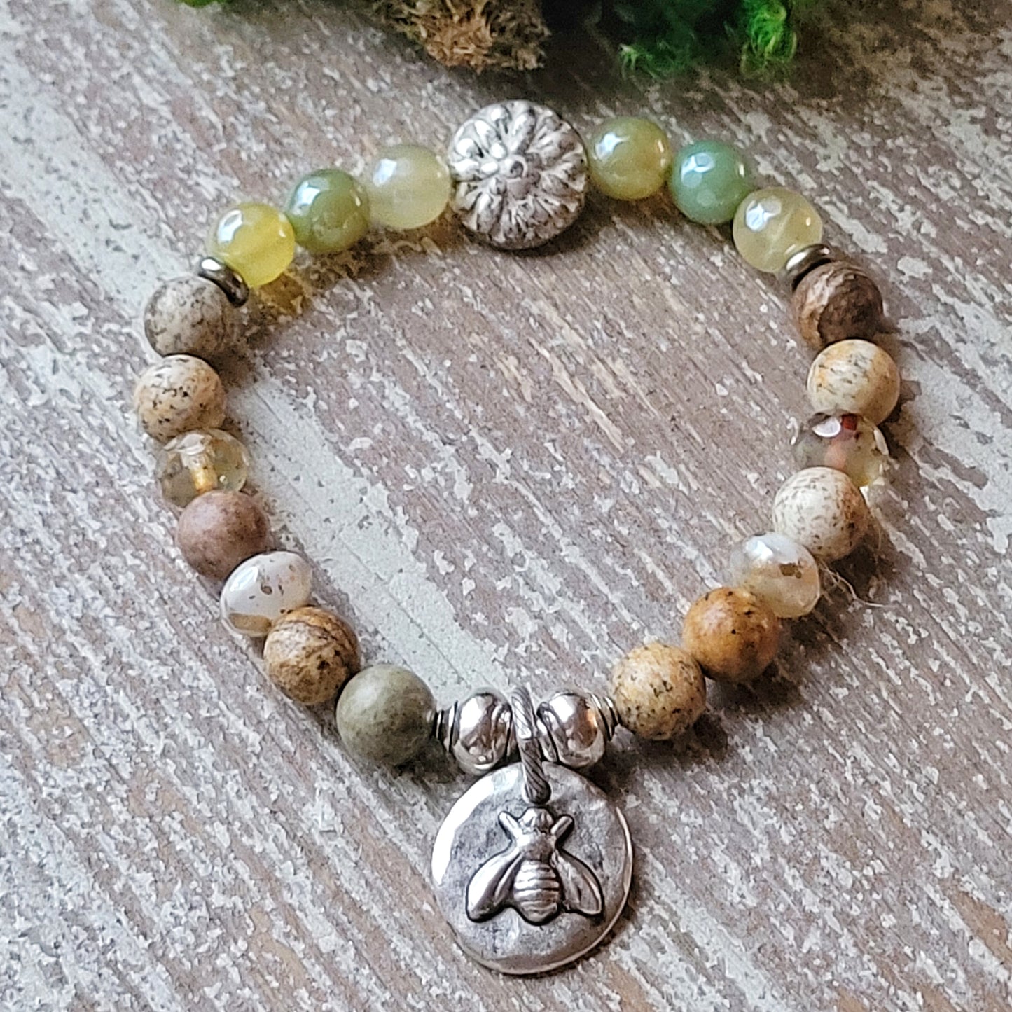 Mystic Green Agate Silver Bee bracelet