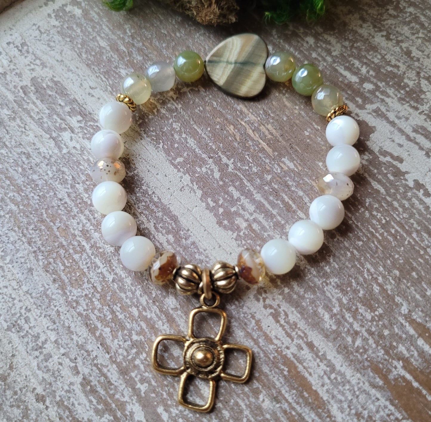 Mystic Green Agate Gold Flower Cross