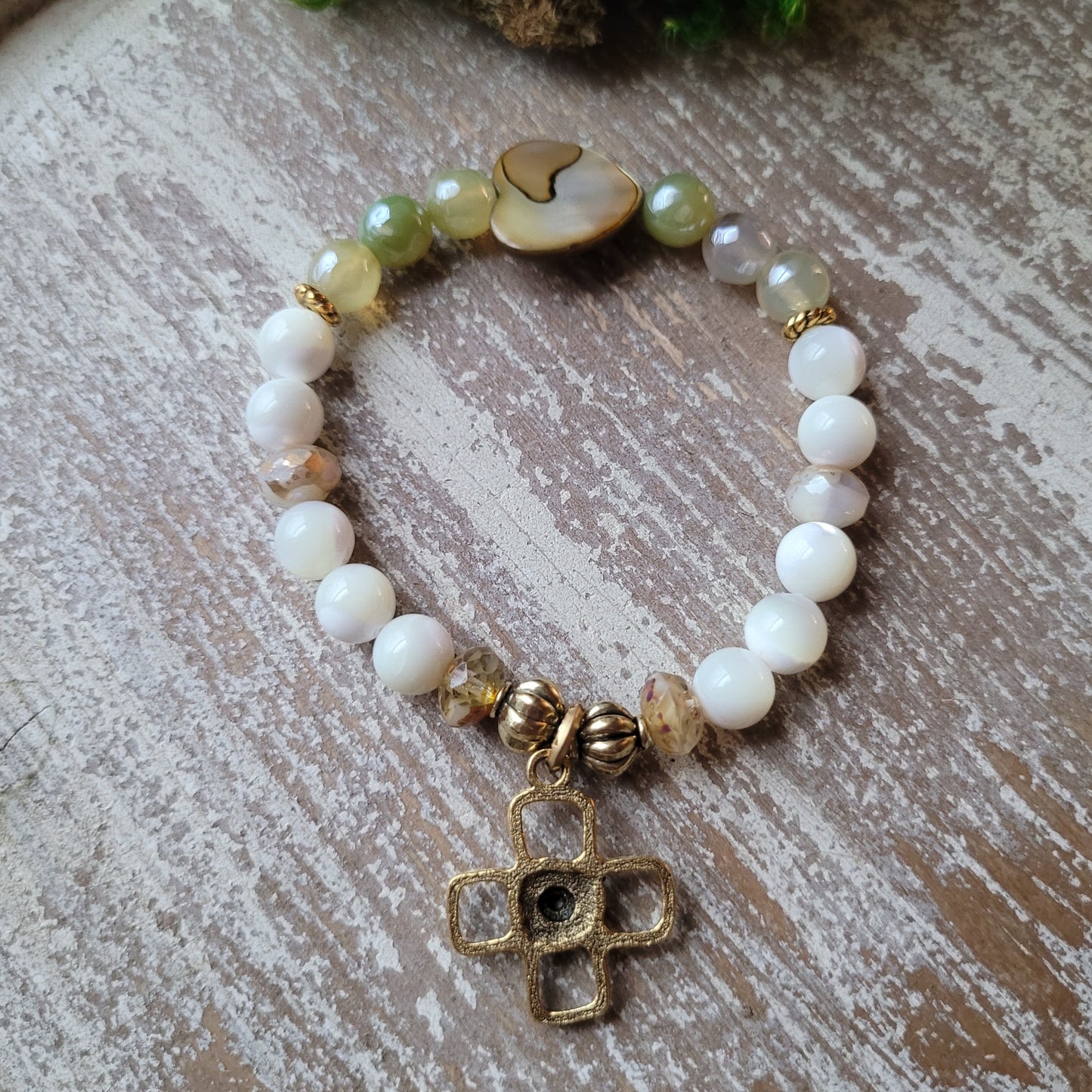 Mystic Green Agate Gold Flower Cross