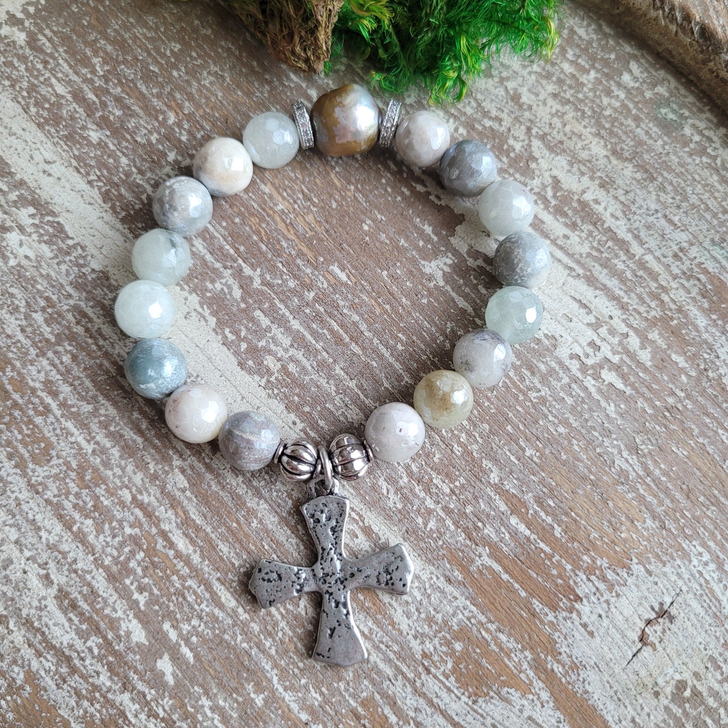 Baroque Pearl and Mystic Agate Maltese Cross Bracelet