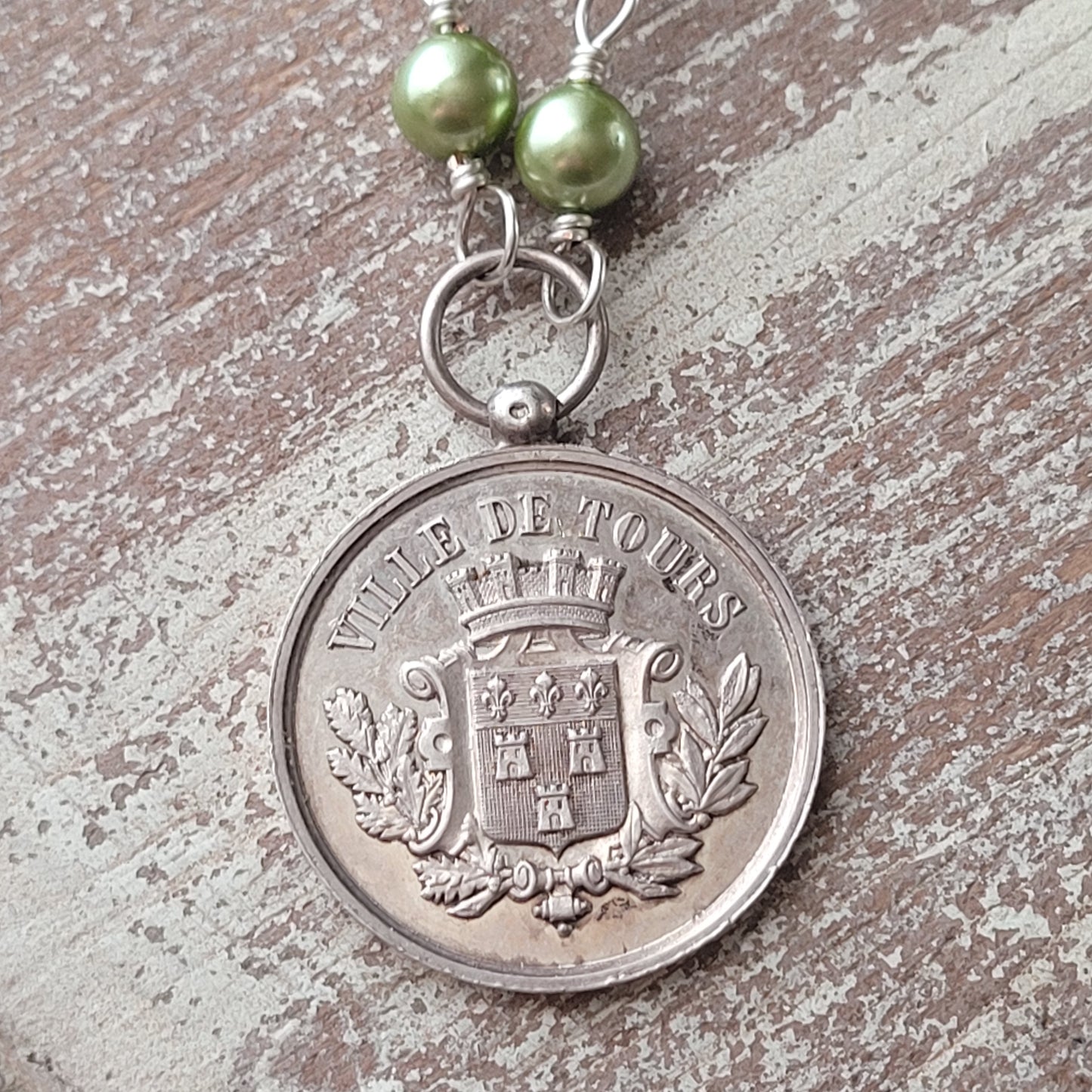 Vintage French Military Medal green pearl necklace