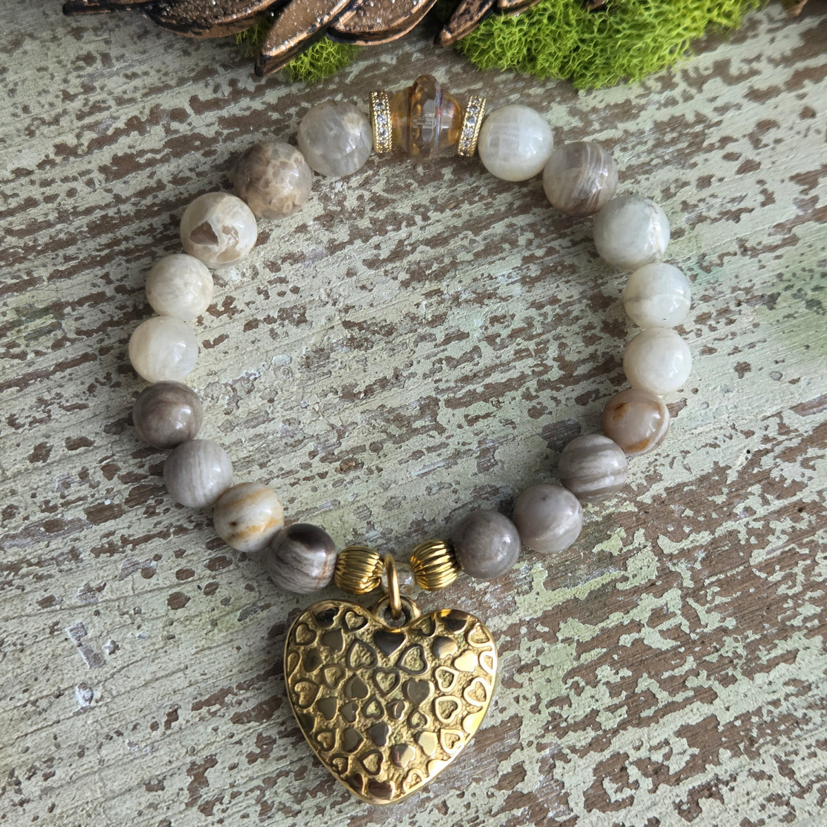 Moonstone & Bamboo Agate Heart Bracelet