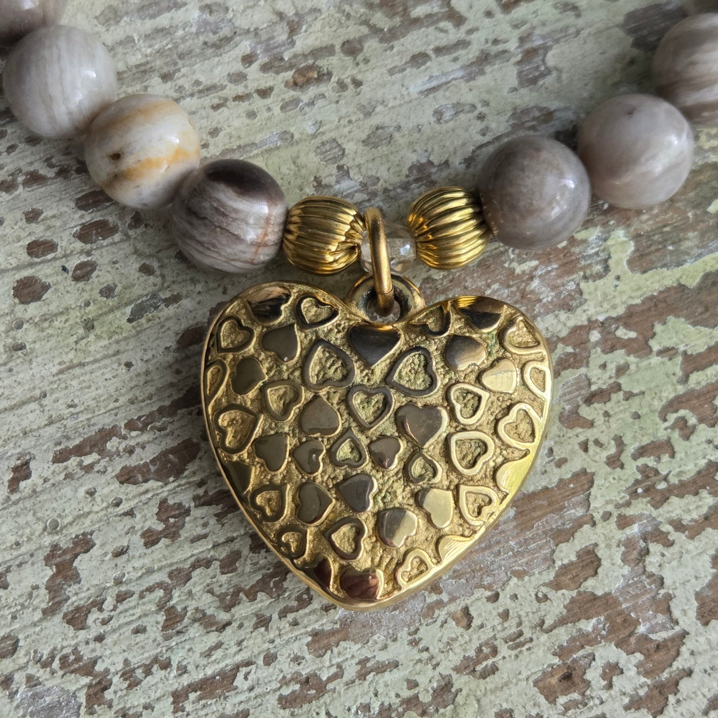 Moonstone & Bamboo Agate Heart Bracelet