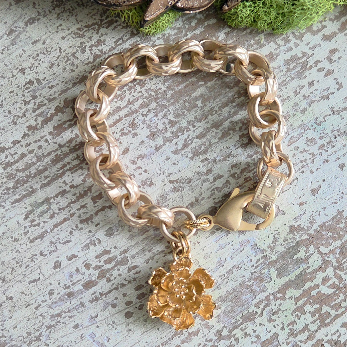 Matte Gold Heavy Link Chain w/Peony Flower Bracelet