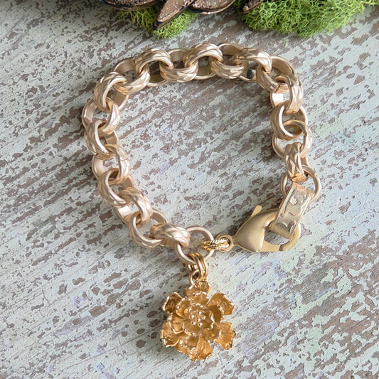 Matte Gold Heavy Link Chain w/Peony Flower Bracelet