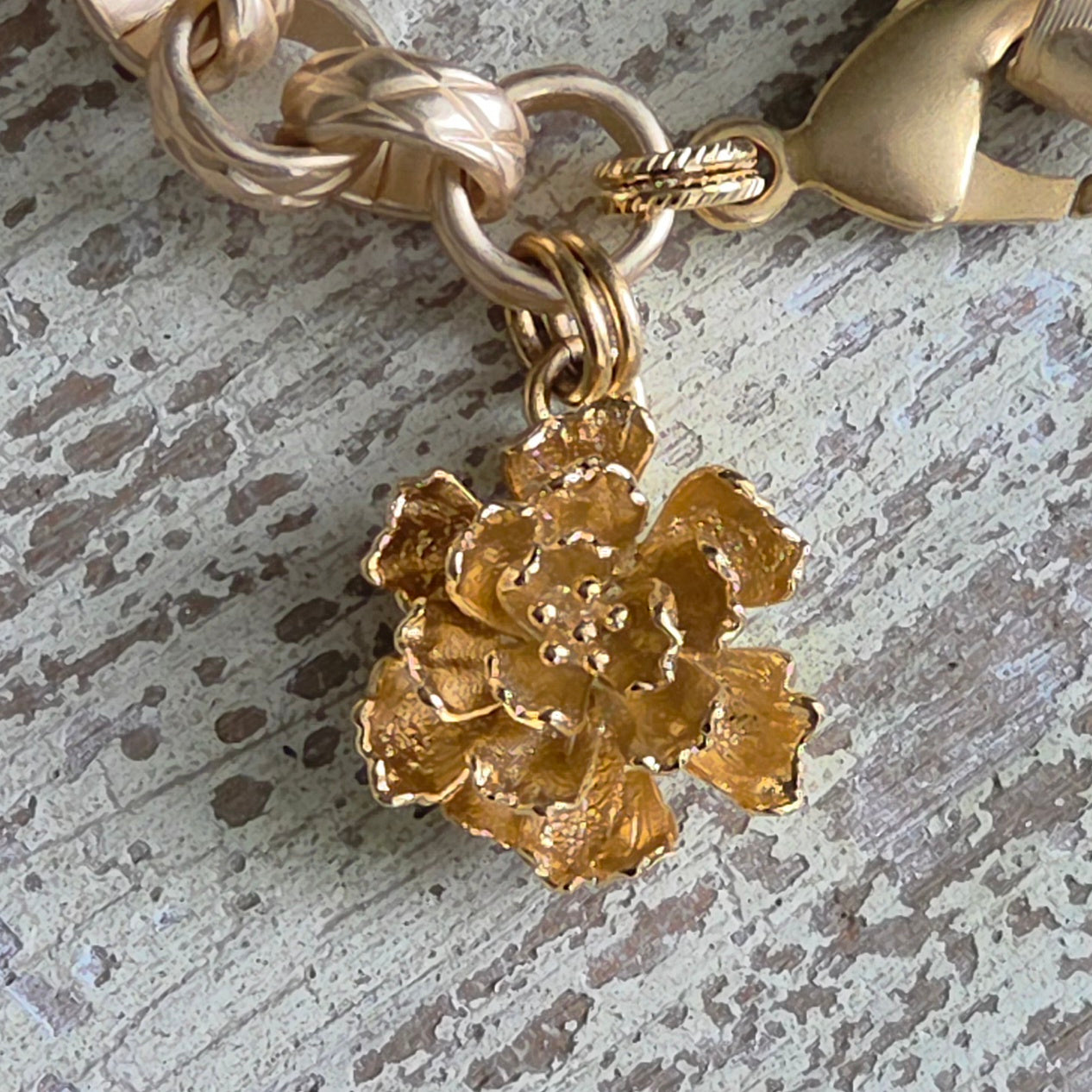 Matte Gold Heavy Link Chain w/Peony Flower Bracelet