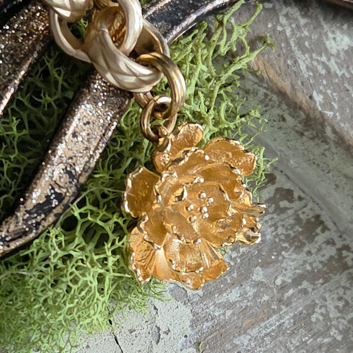 Matte Gold Heavy Link Chain w/Peony Flower Bracelet