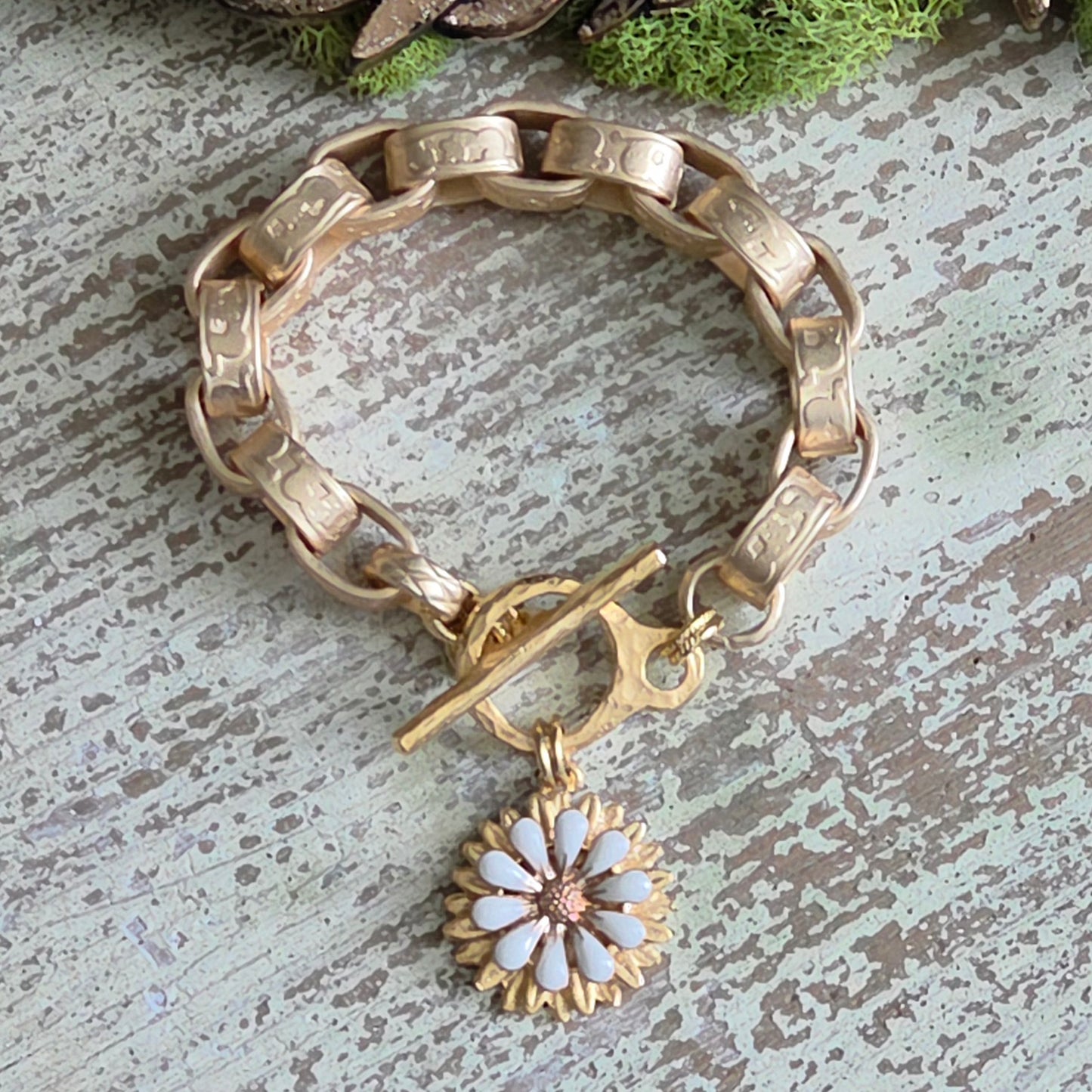 Heavy Chain Link Bracelet w/Enamel Flower