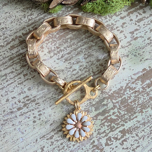 Heavy Chain Link Bracelet w/Enamel Flower