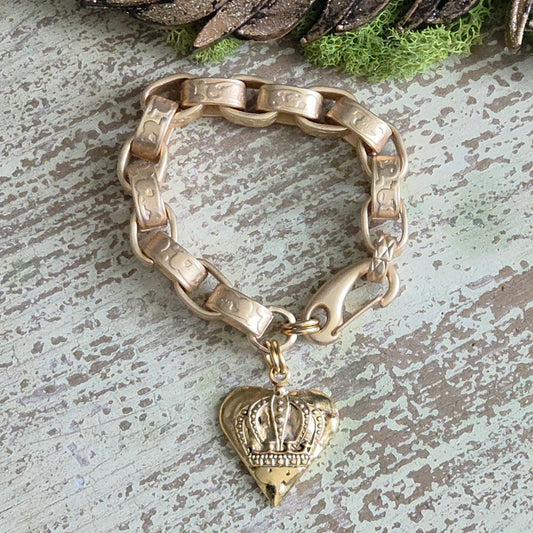 Heavy Link Chain Bracelet w/Old World Boho Crown Heart