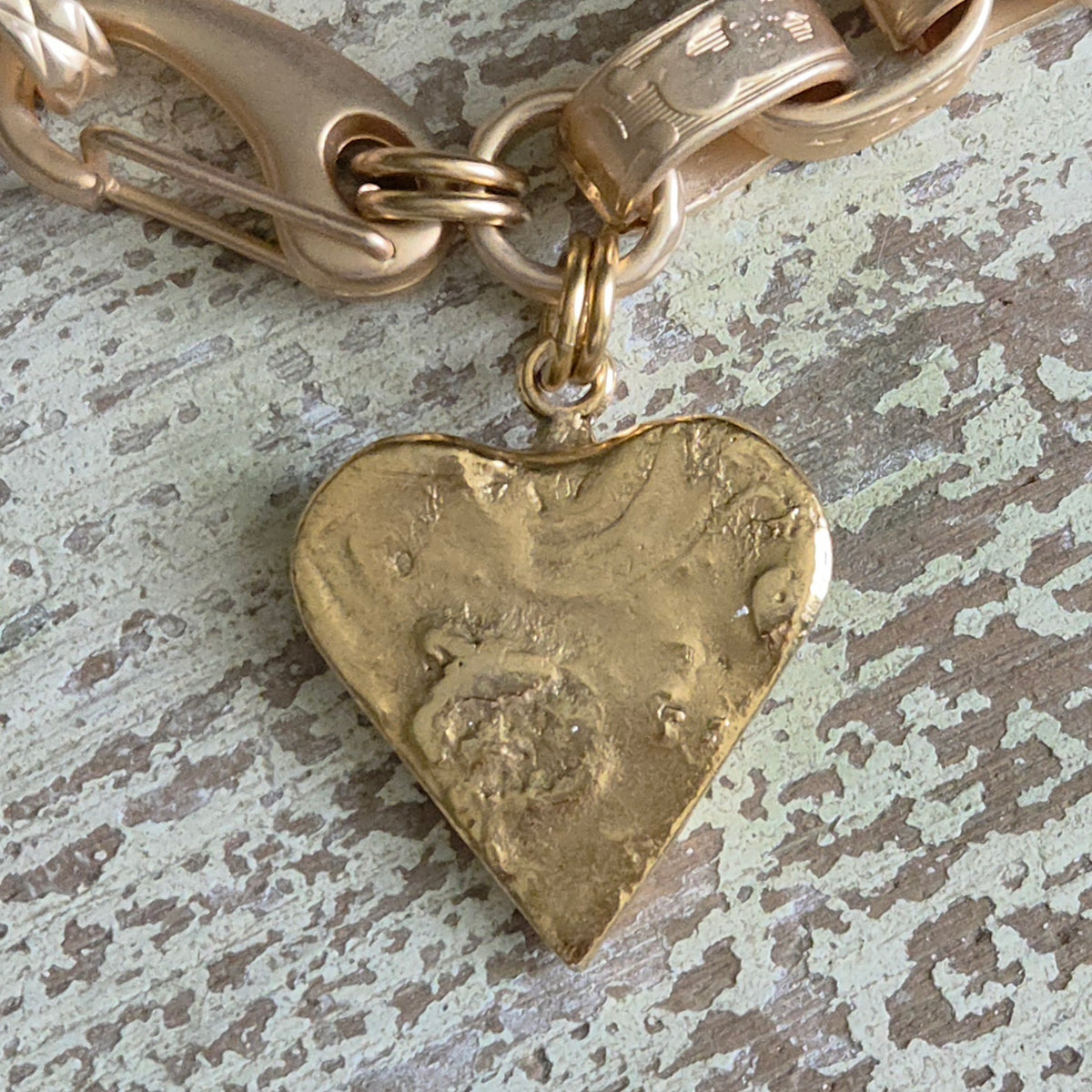 Heavy Link Chain Bracelet w/Old World Boho Crown Heart