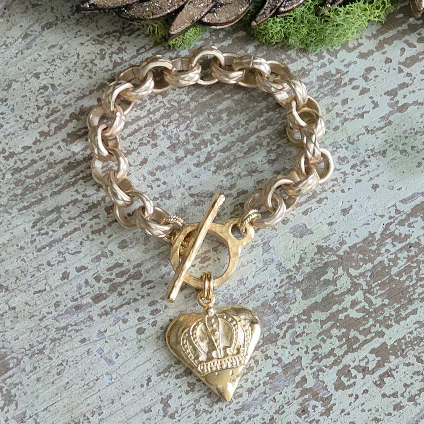 Satin Gold Heavy Link Bracelet w/Old World Boho Crown Heart