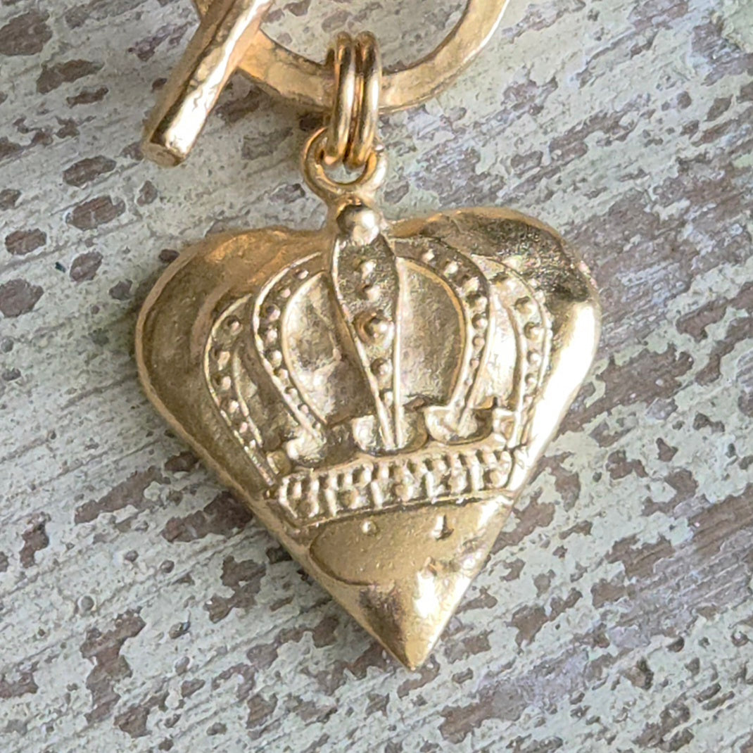 Satin Gold Heavy Link Bracelet w/Old World Boho Crown Heart