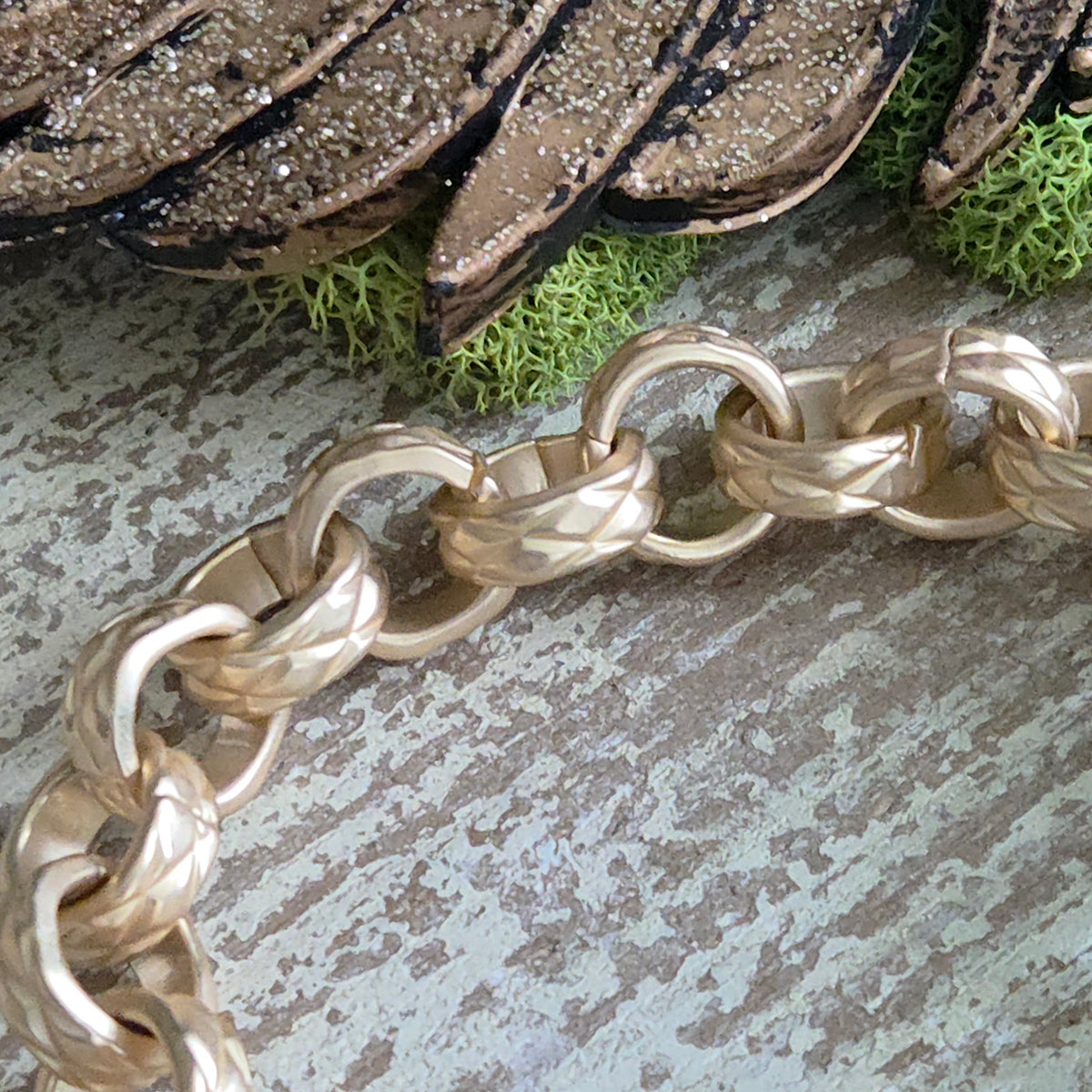 Satin Gold Heavy Link Bracelet w/Old World Boho Crown Heart