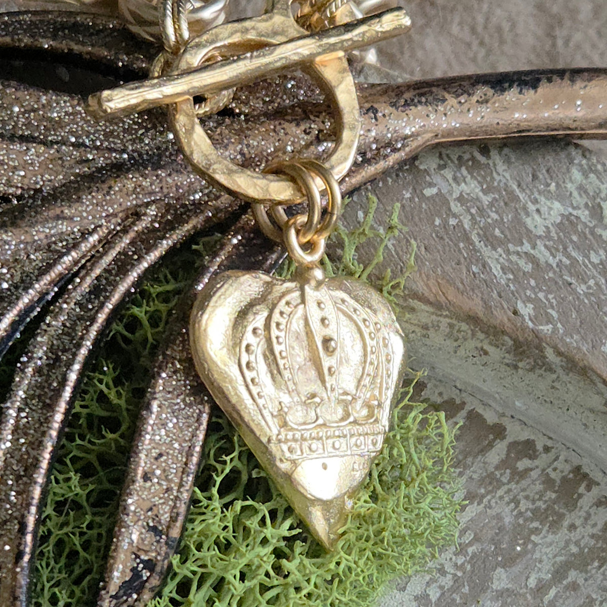Satin Gold Heavy Link Bracelet w/Old World Boho Crown Heart