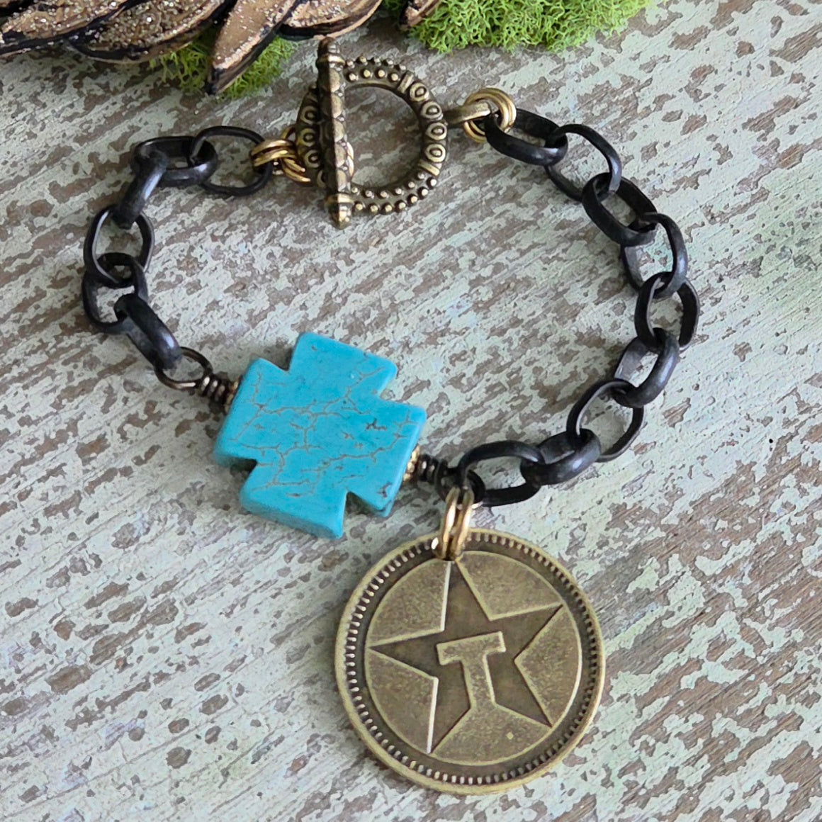 Rustic Turquoise Vintage Texaco Token Bracelet