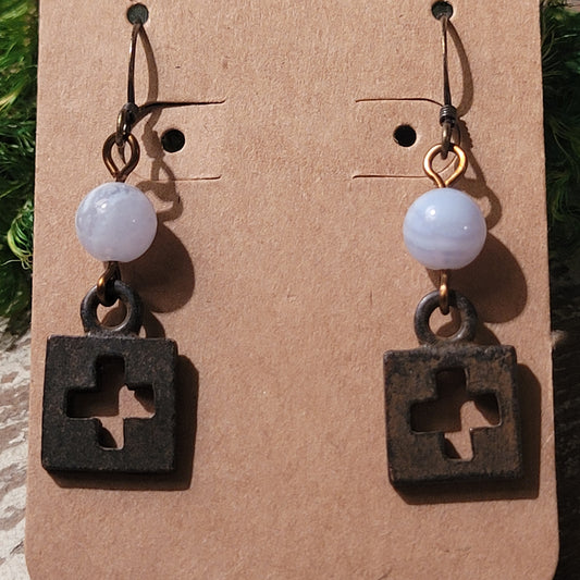 Blue Crazy Lace Agate Rustic Cross earings