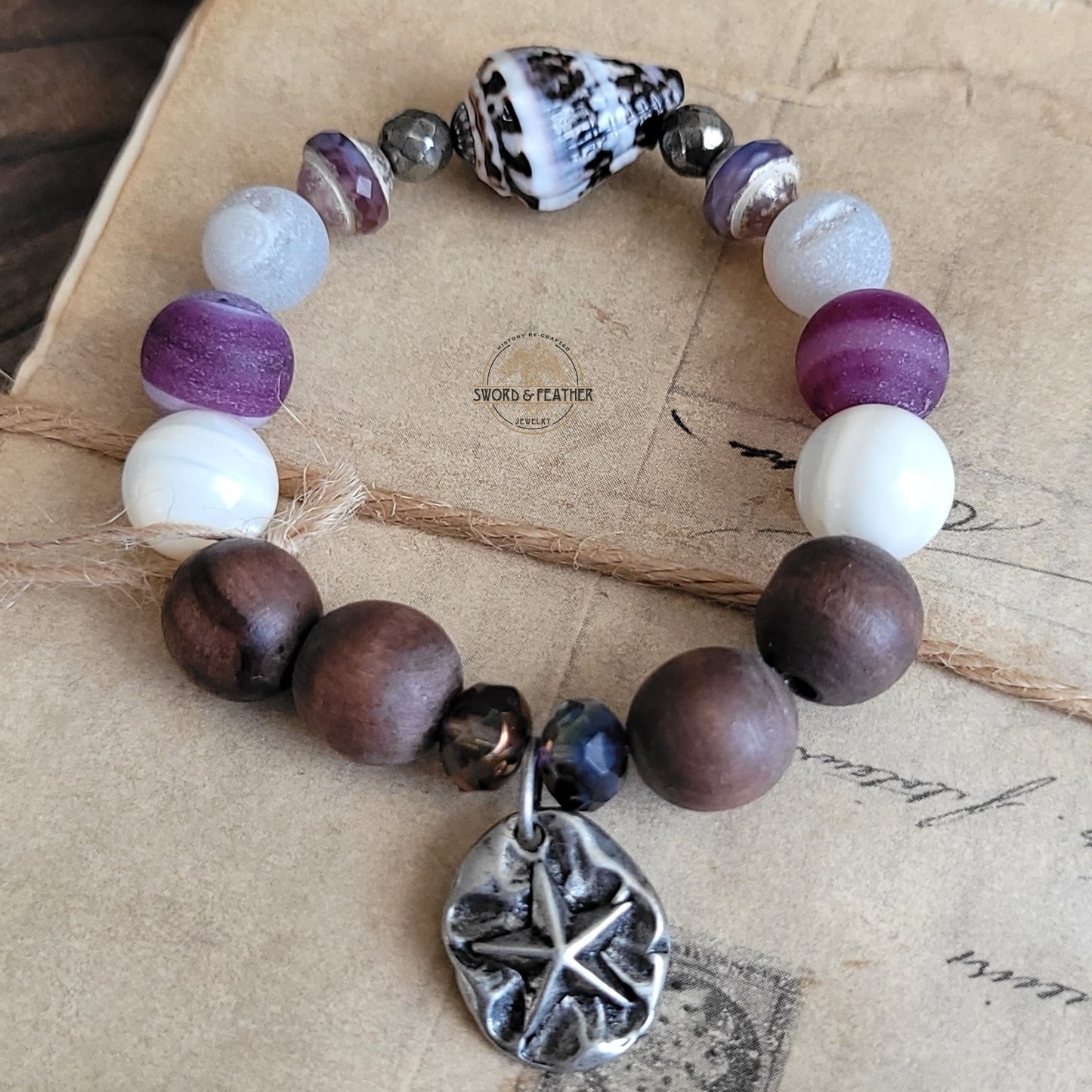 VIOLET TIDE - Bohemian style 2 bracelet set, Artisan crafted sand dollar charm, Hebrew cone bead