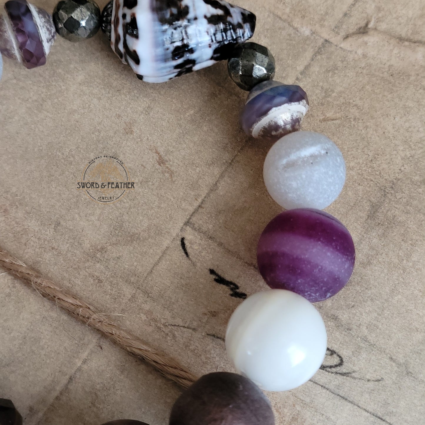 VIOLET TIDE - Bohemian style 2 bracelet set, Artisan crafted sand dollar charm, Hebrew cone bead