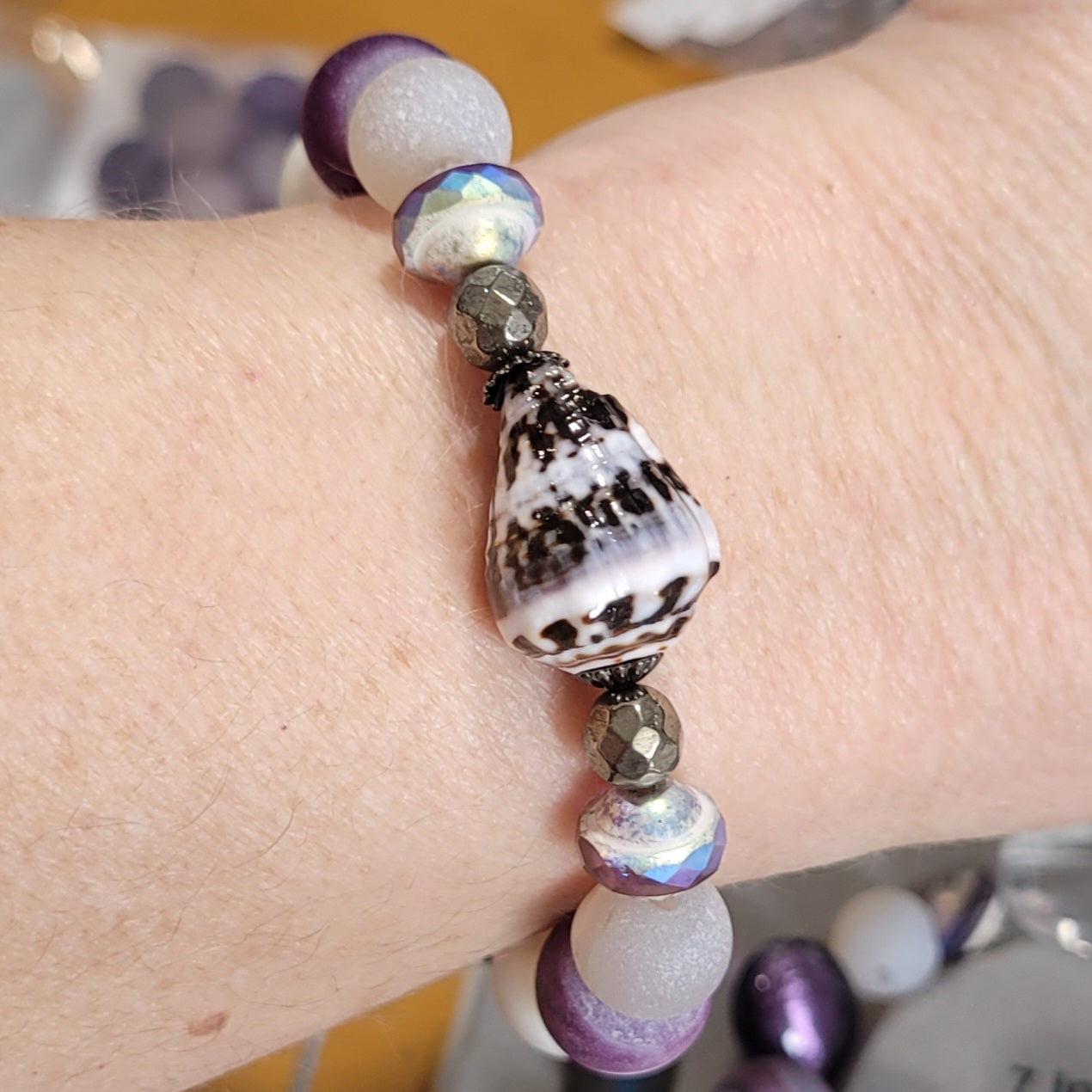 VIOLET TIDE - Bohemian style 2 bracelet set, Artisan crafted sand dollar charm, Hebrew cone bead