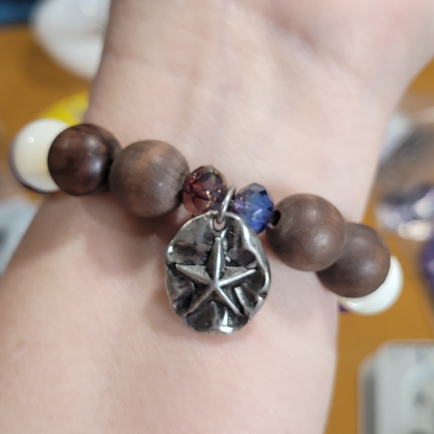 VIOLET TIDE - Bohemian style 2 bracelet set, Artisan crafted sand dollar charm, Hebrew cone bead