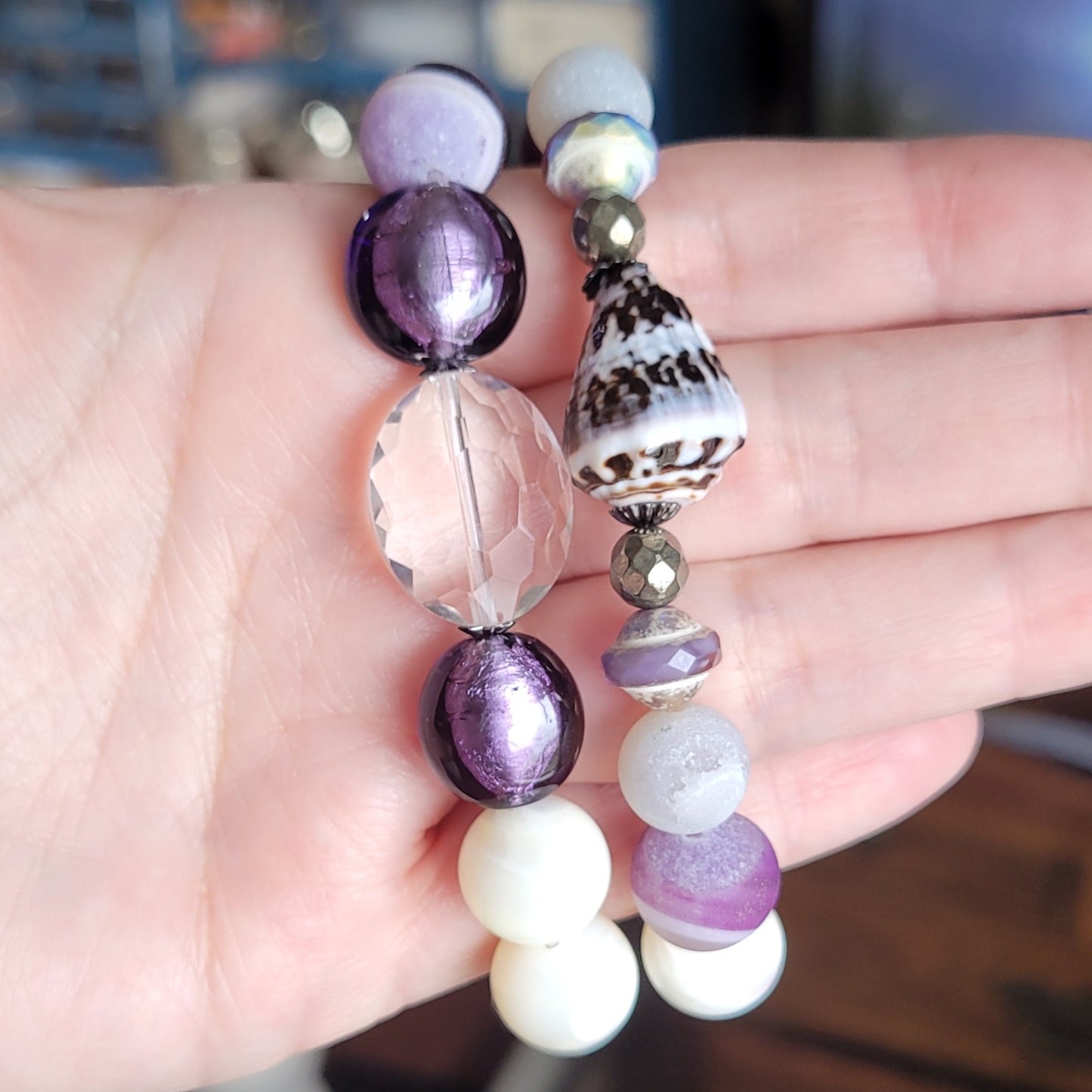 VIOLET TIDE - Bohemian style 2 bracelet set, Artisan crafted sand dollar charm, Hebrew cone bead