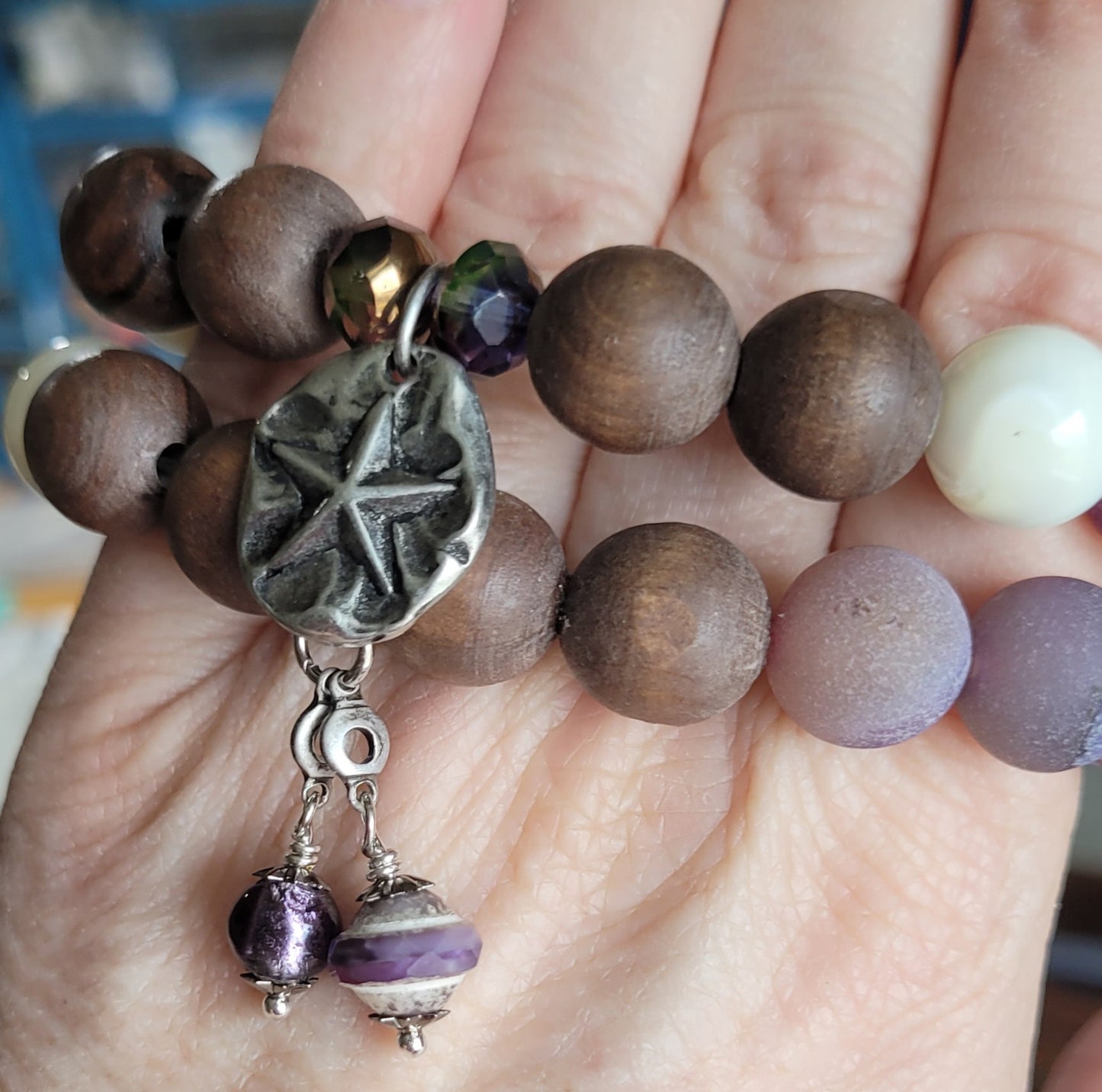 VIOLET TIDE - Bohemian style 2 bracelet set, Artisan crafted sand dollar charm, Hebrew cone bead